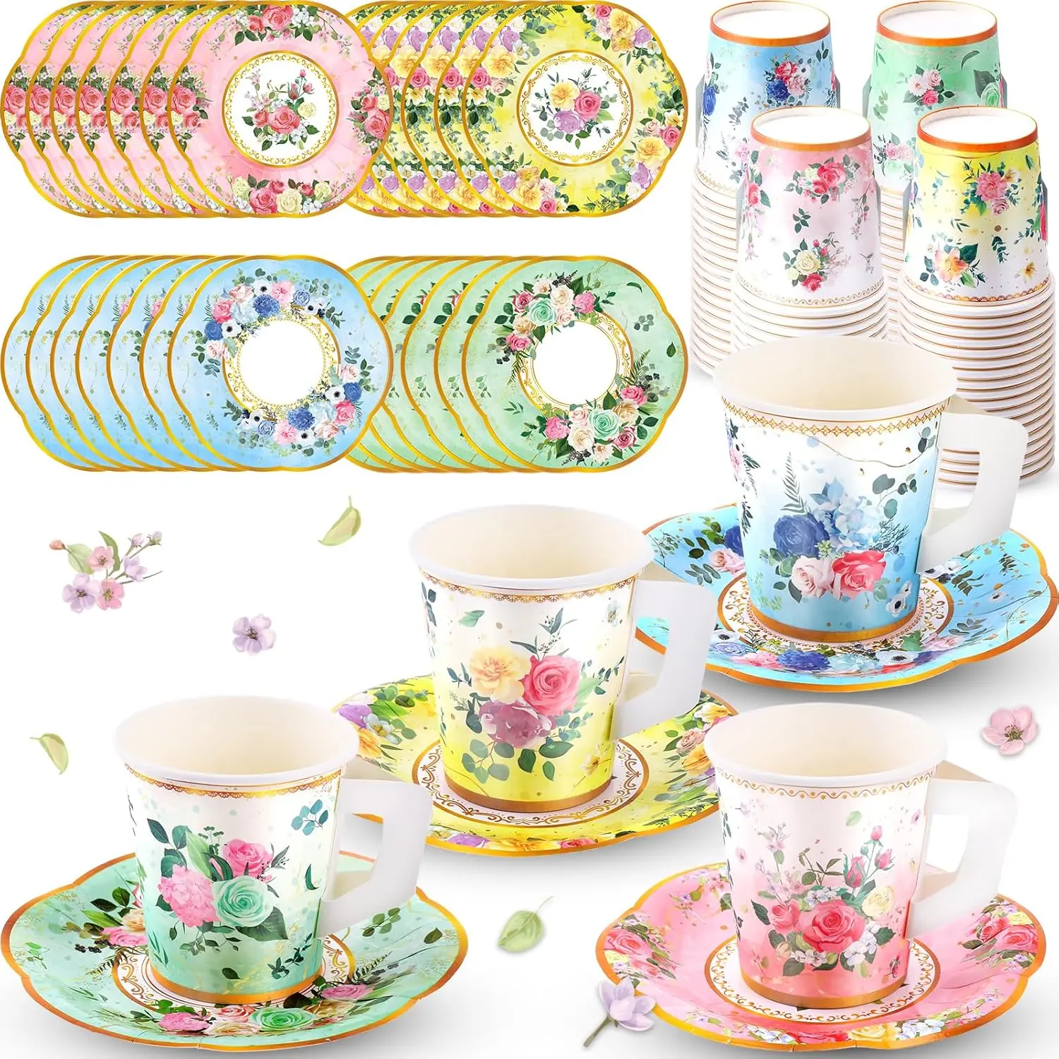 

160 Pcs Floral Paper Tea Cups with Saucers, 7 OZ Disposable for Parties, Weddings, Baby Showers