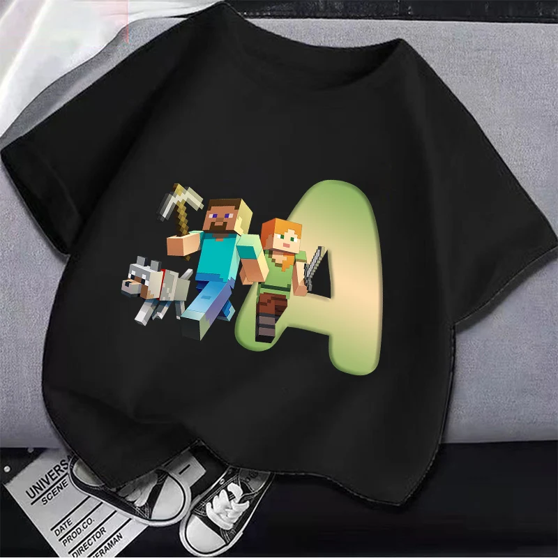 

Hot Pixel Game Tees Kids T Shirt Minecrafted T-shirt Tees A-Z Letter Round Collar Clothing Black Short Sleeve Summer Tops Gifts