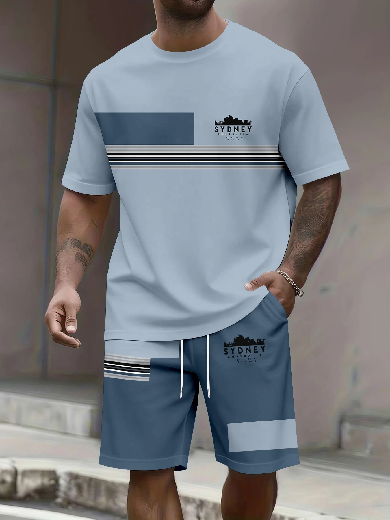2026 Summer New Arrival Men's Casual Two-Piece Set Striped Print Short-Sleeve Shirt and Athletic Shorts Set Men's Workout Set