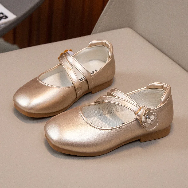 

Girls Leather Shoes for Wedding Party Princess Kids Flats Flowers Sweet Soft Classic Spring Autumn Children School Gold Shoes