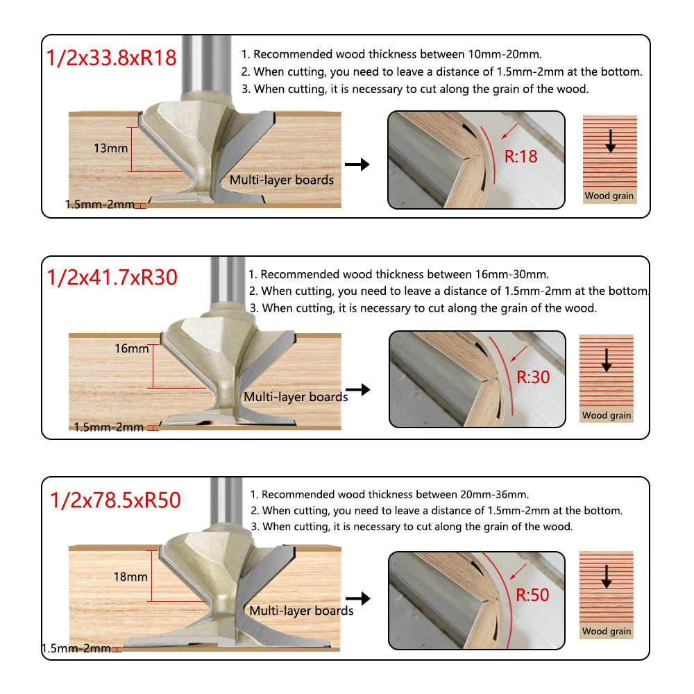 LAVIE 1PC 12.7mm Or 1/2 Shank Arc Bending Knife Seamless golden Forming Knife R18/30/50 Router Bits For Wood Door/Wall Cabinet