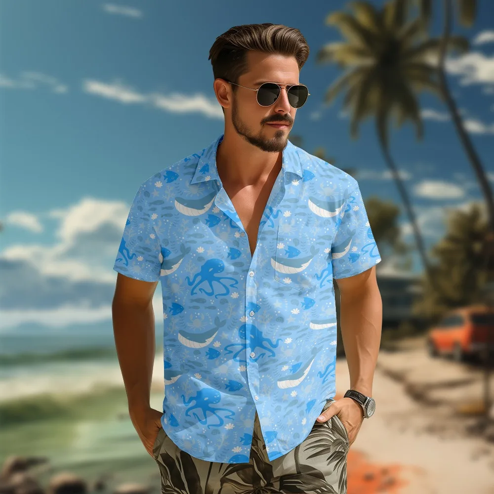 Men's Hawaiian Sunset Aloha Shirt Summer Short Sleeve Tops Colorful Loose Cotton Shirts Button Down Tropical Holiday Beach Shirt