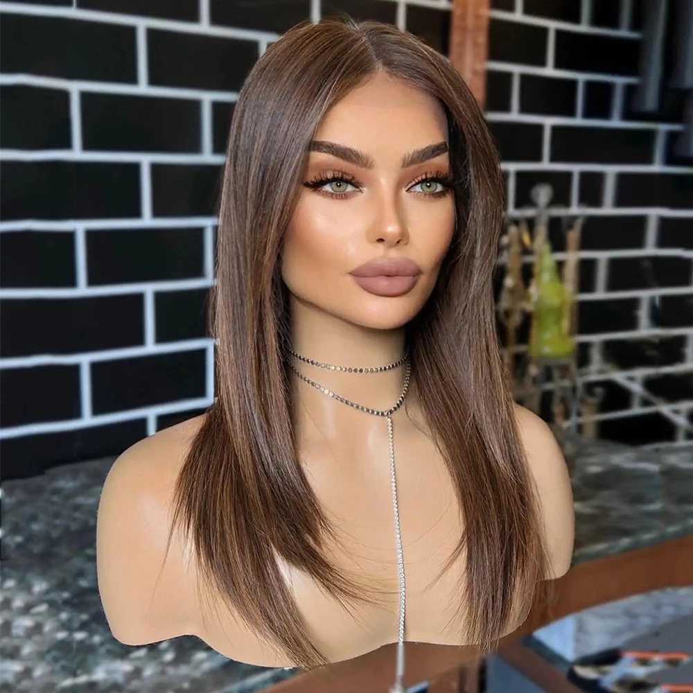 13x4 Dark Brown Brunette Wig Middle Part Realistic Look Wig Straight Layered Hair Heat Resistant Synthetic Lace Front for Women