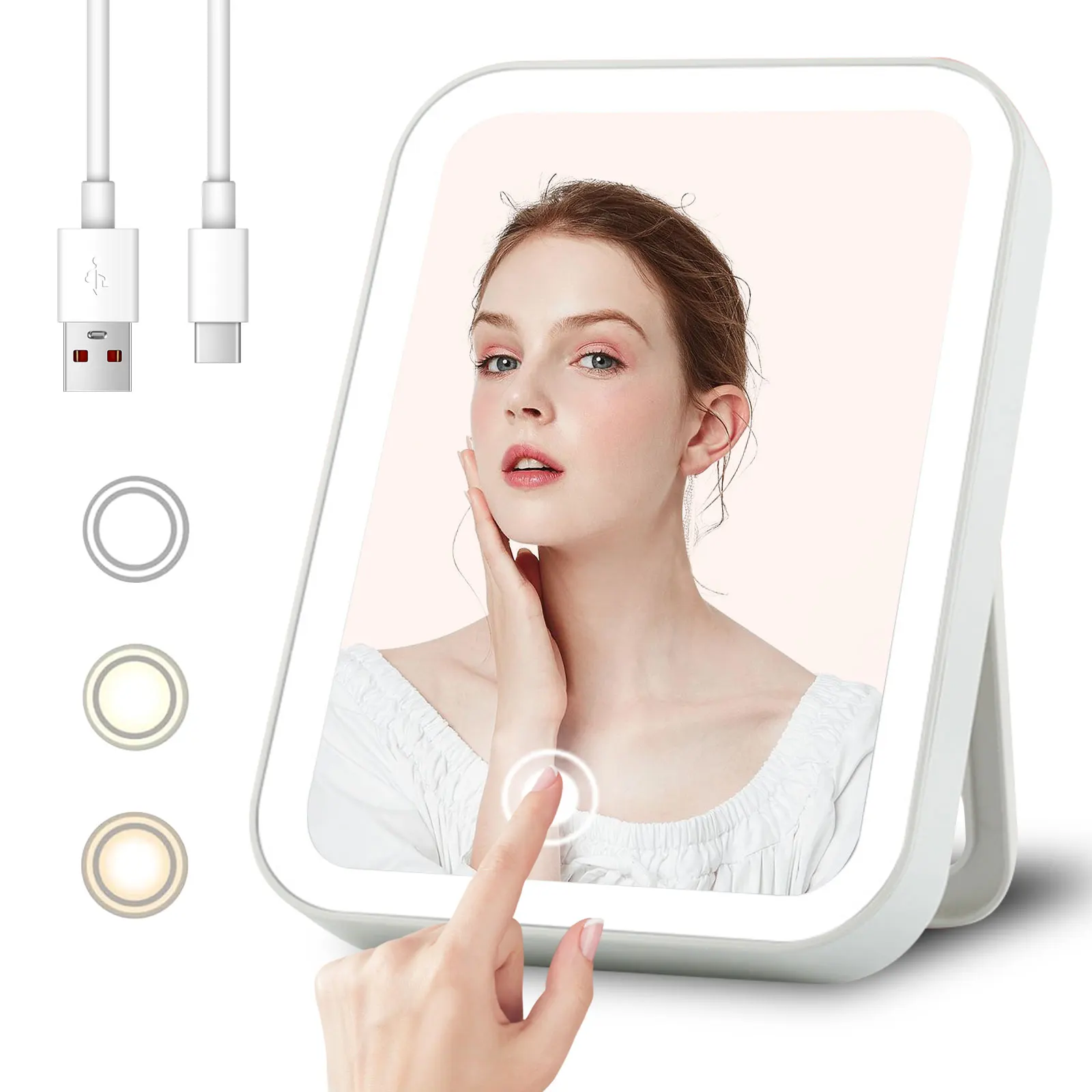 Espelho de Maquiagem com Lupa e Luz LED, 3 Painéis, Base Antiderrapante, Recarregável USB, Leve e Compacto