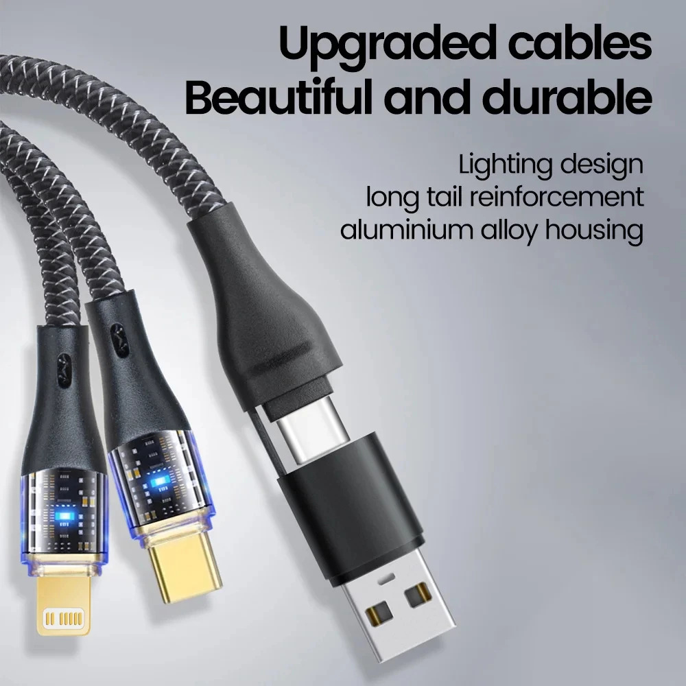 1.2M USB Type C Cable Transparent 4 in 1 PD 65W 27W Dual Connector 2 in 2 Fast Charging USB C Cable for IOS Type C