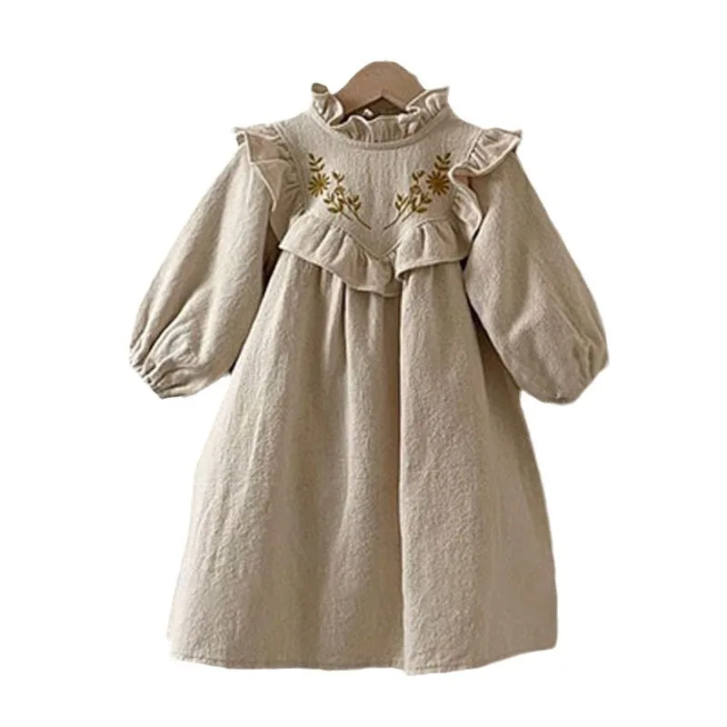 

Korean Style Parent-child Dresses With Fashionable Ruffle Lace Flowers Pattern Embroidery Color Apricot Comfortable Soft Clothes