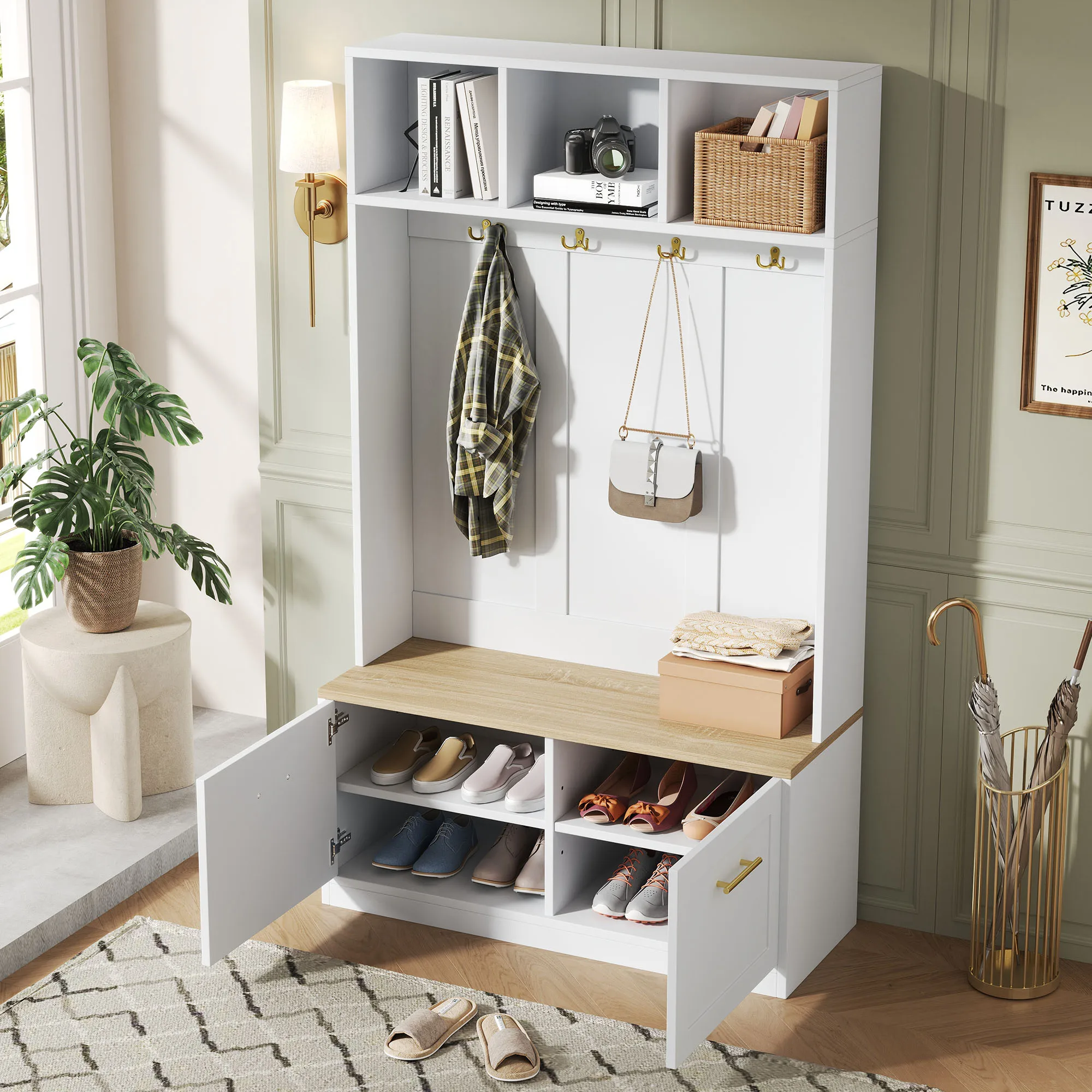 PINGGO Naturweißes Kompaktes Kleiderschrank-Set mit Sitzbank 2 Türen Offene Aufbewahrung 4 Haken 105x40x180cm – Detail 2