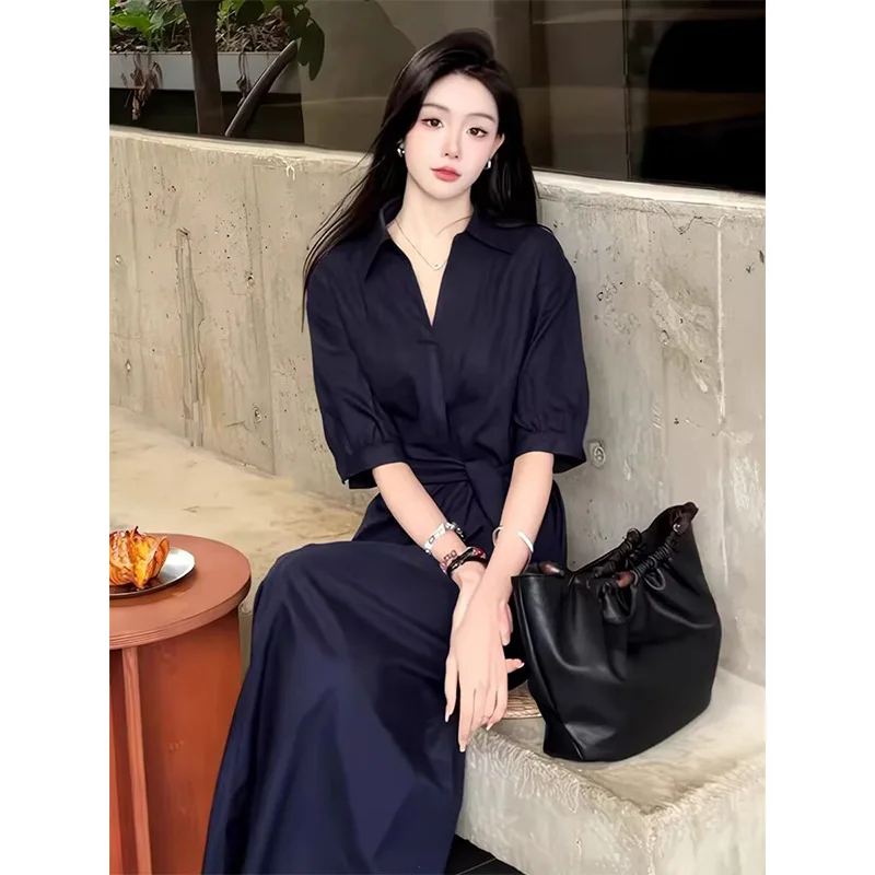 SuperAen Summer New Fashion Lace-up Waist Turn-down Collar Shirt Women's Elegant A-line Long Skirts Two-piece Sets