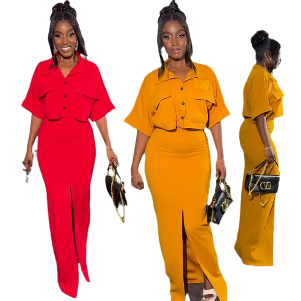 Latest Design Skirt Set Polo Collar Short Shirt Top and Long Split Skirt Set 2 Two Piece Summer Outfits for Women 2024 Elegant