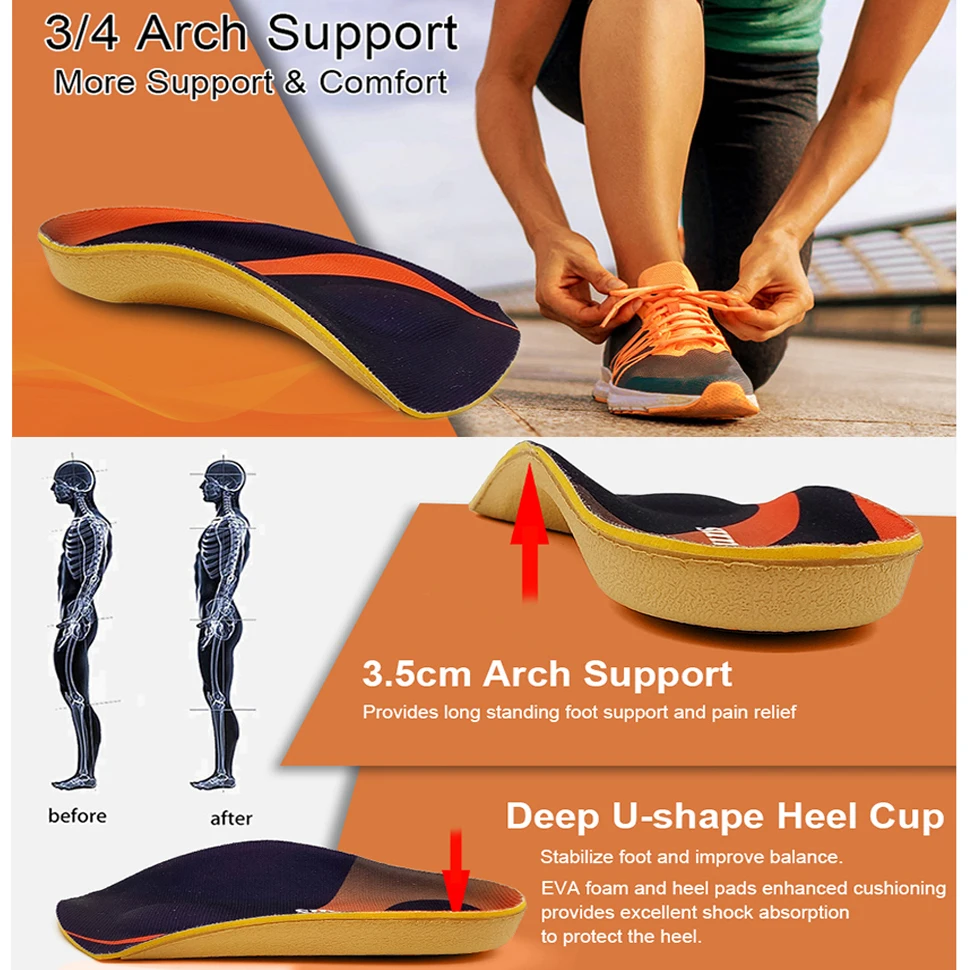 Relieve Foot Pain with RooRuns 3/4 Orthotic Arch Support Shoe Inserts Heel Pads With Metatarsal Pads For Men And Women.
