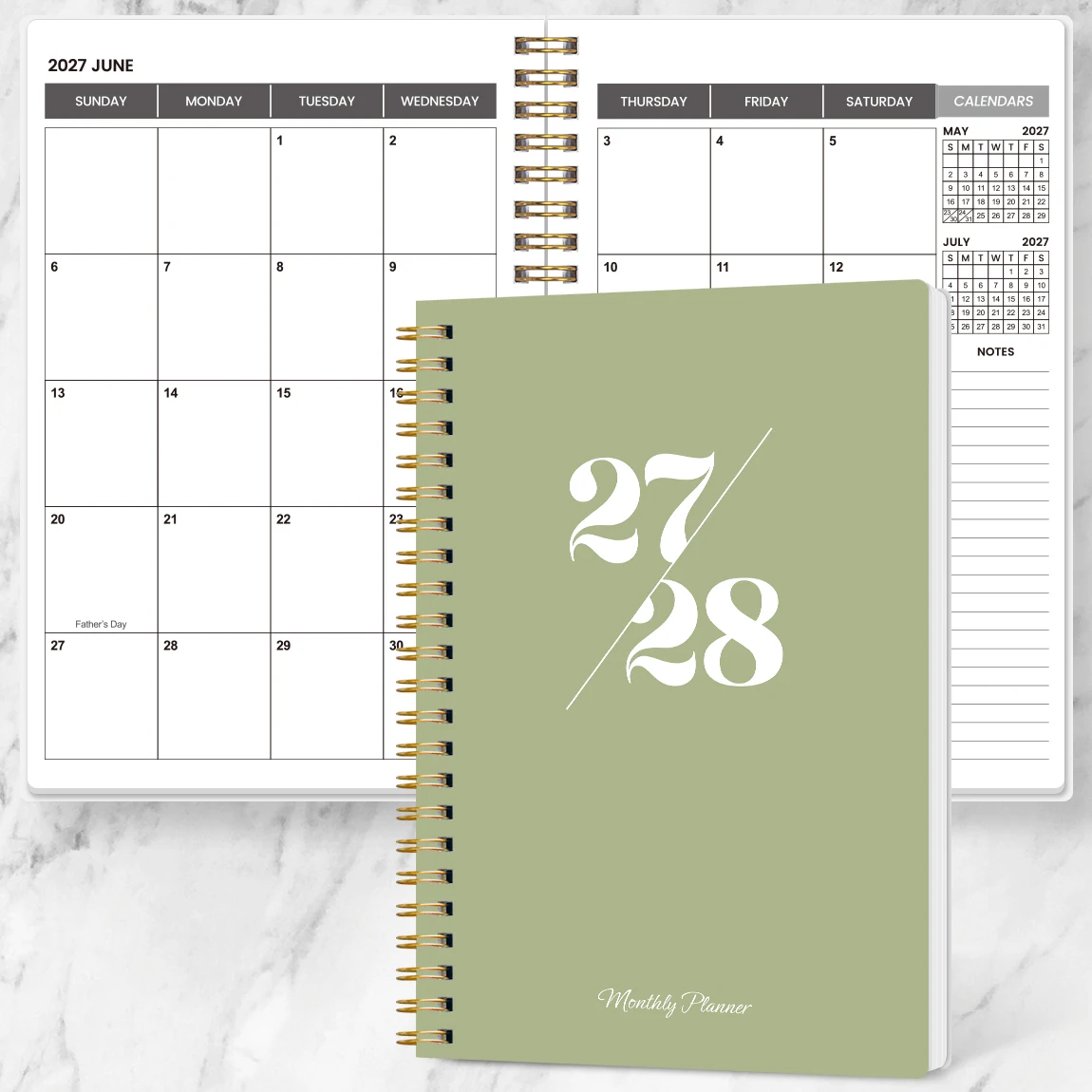1PC 2027-2028 Monthly Planner, Green A5, for Work, School, Office & Daily Planning