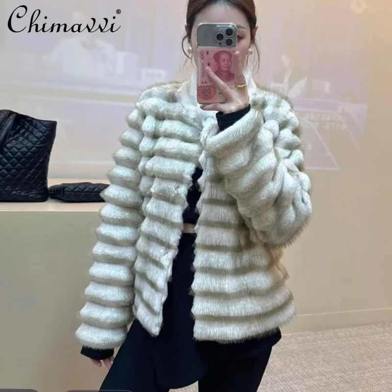 Abrigo de piel sintética de un solo pecho para mujer, chaquetas gruesas de felpa de invierno, elegante, a la moda, estilo coreano, cuello levantado, manga larga