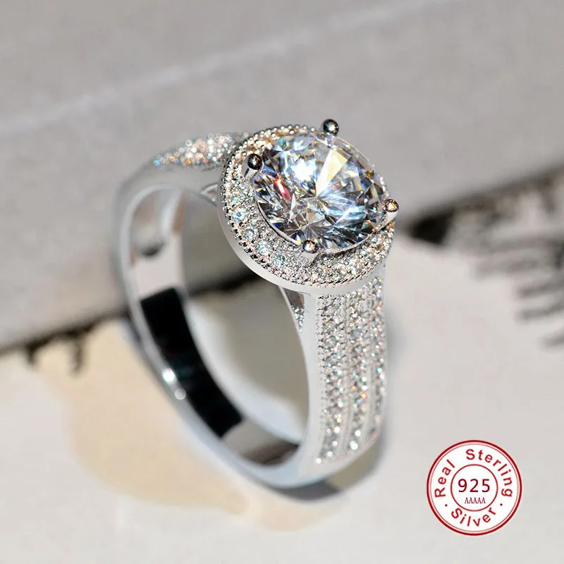 Genuine  925 Sterling Silver Forever Clear Big CZ Pave Circle Round Finger Rings for Women Anniversary Jewelry Mother\'s Day Gift