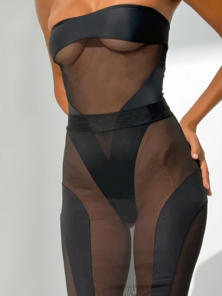 Fashionable See-Through Mesh Jumpsuit Sexy Lingerie Two-Piece Set Fitted Skirt Trendy Transparent Clothing for Women