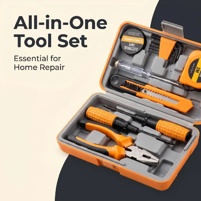 13PCS Tool Set General House hold Hand Tool Kit with Plastic Toolbox Storage Case Used to Car repair And home Repair