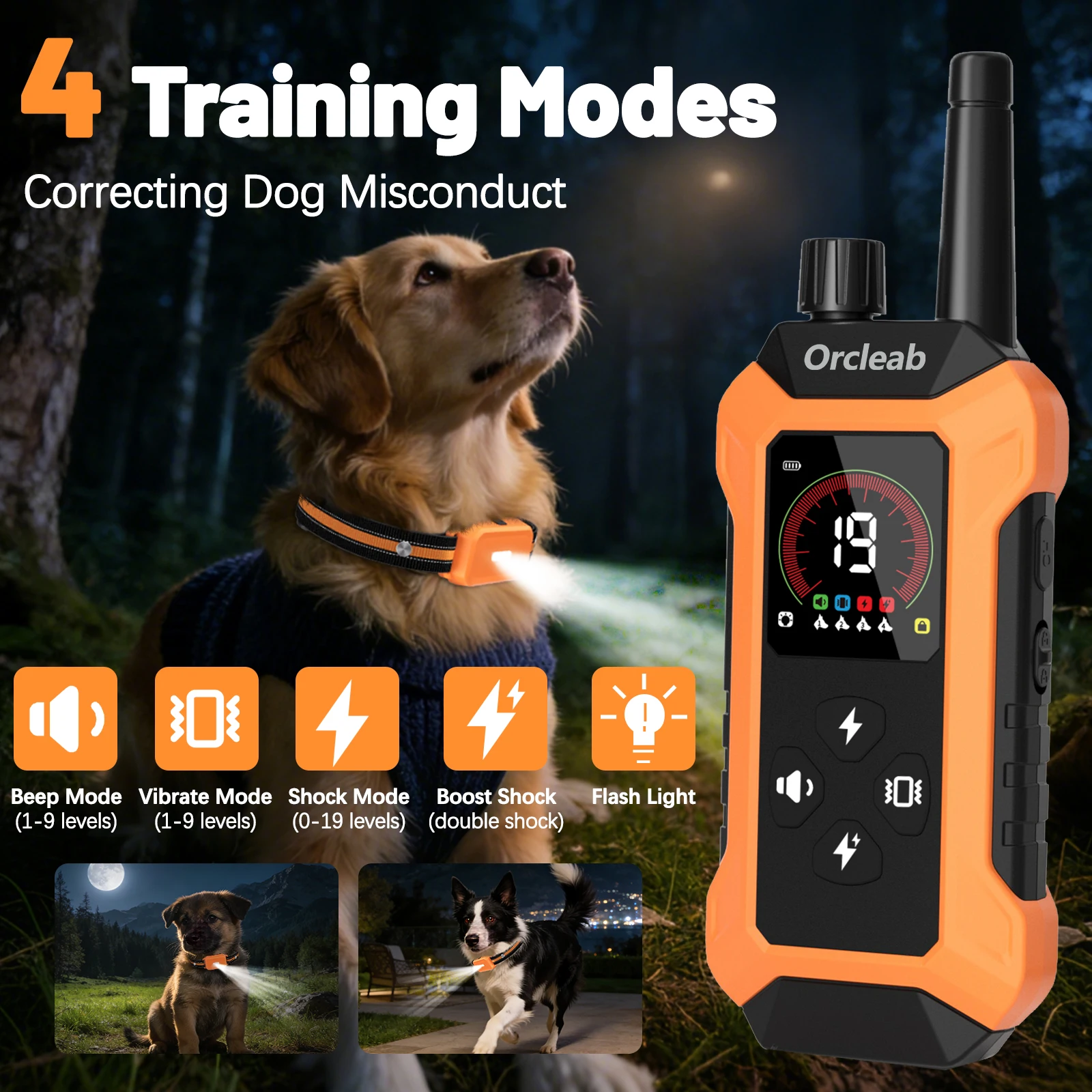 ORCLEAB PC-32 Electric Dog Training Collar Waterproof Outdoor Rechargeable Remote Control 4 Training Modes LCD For All Size Dog