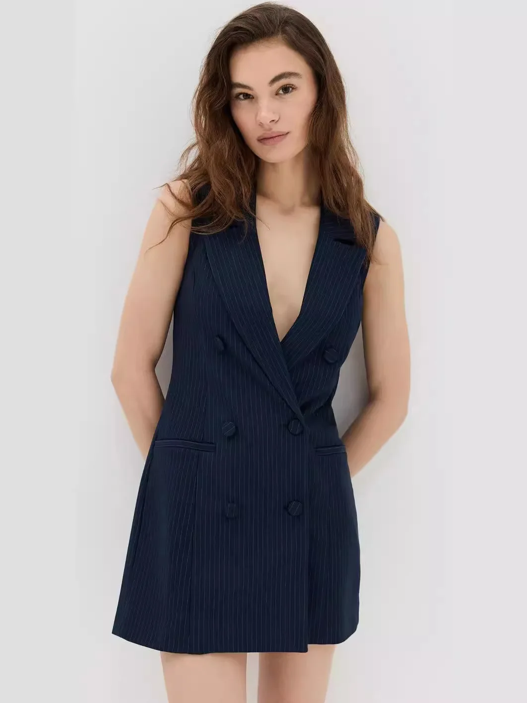 Navy Pinstripe Women Suit 1 Piece Long Vest Formal Office Lady Business Work Wear Sexy Sleeveless V Neck Formal Coat Prom Dress