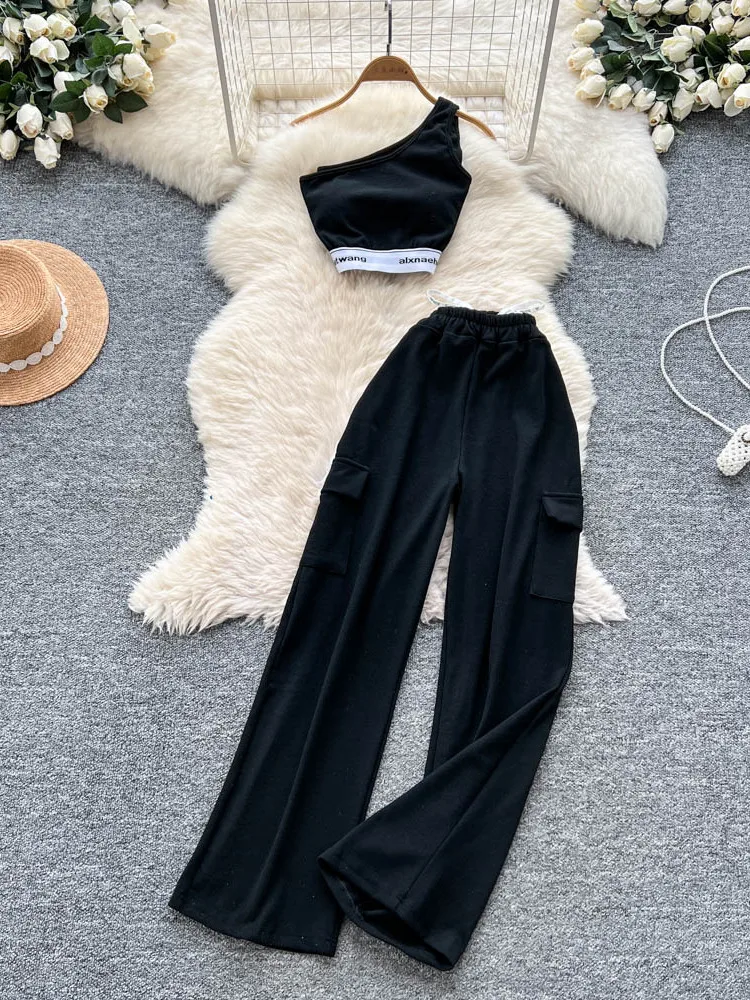 

Women's Summer Sportswear Two-Piece Set High Waist Wide Leg Straight Cut Pants ort Sve round Ne Workwear Sle Outfit