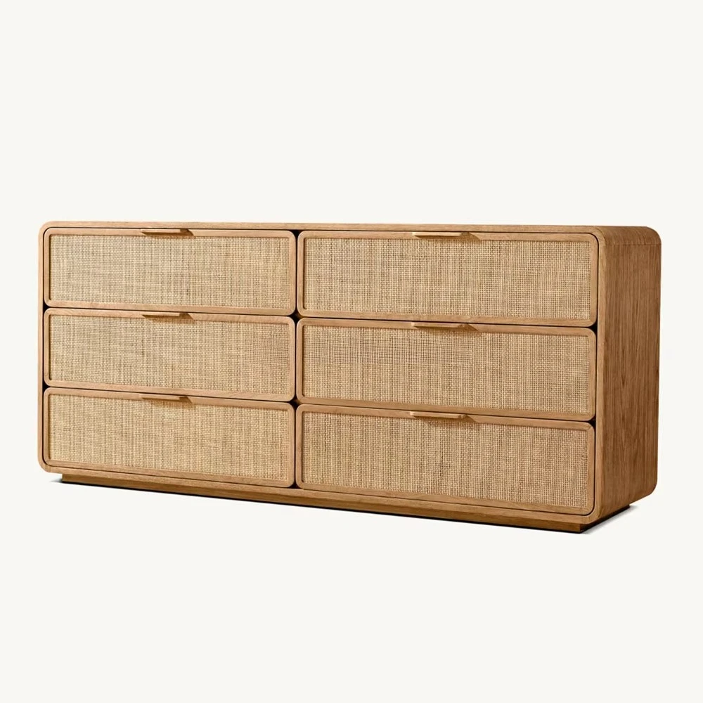 Modern Luxury French 6-Drawer Dresser Oak Woven Cane Panels Victorian Midcentury for Bedroom Warehouse Home Furniture