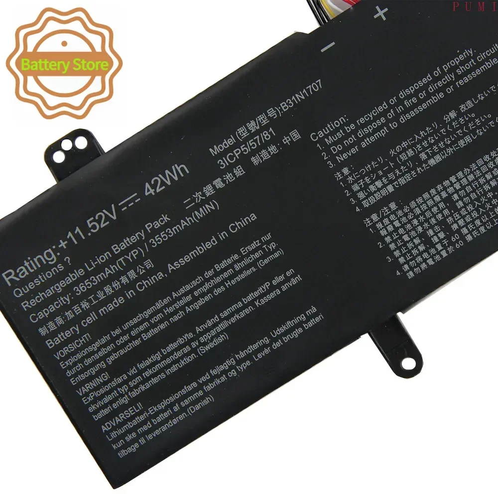Replacement Battery B31N1707 For ASUS VivoBook S14 S410 S410U S410UA S410UQ S410UF S4200U X411UA X411UF Series Batteries 3653mAh