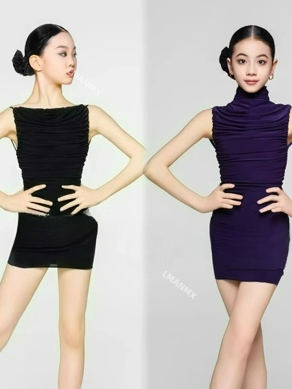 2025年新作 ラテンダンス 春夏 ハイネック 折りたたみ式 ノースリーブ オープンバック ヒップ練習着 女の子用