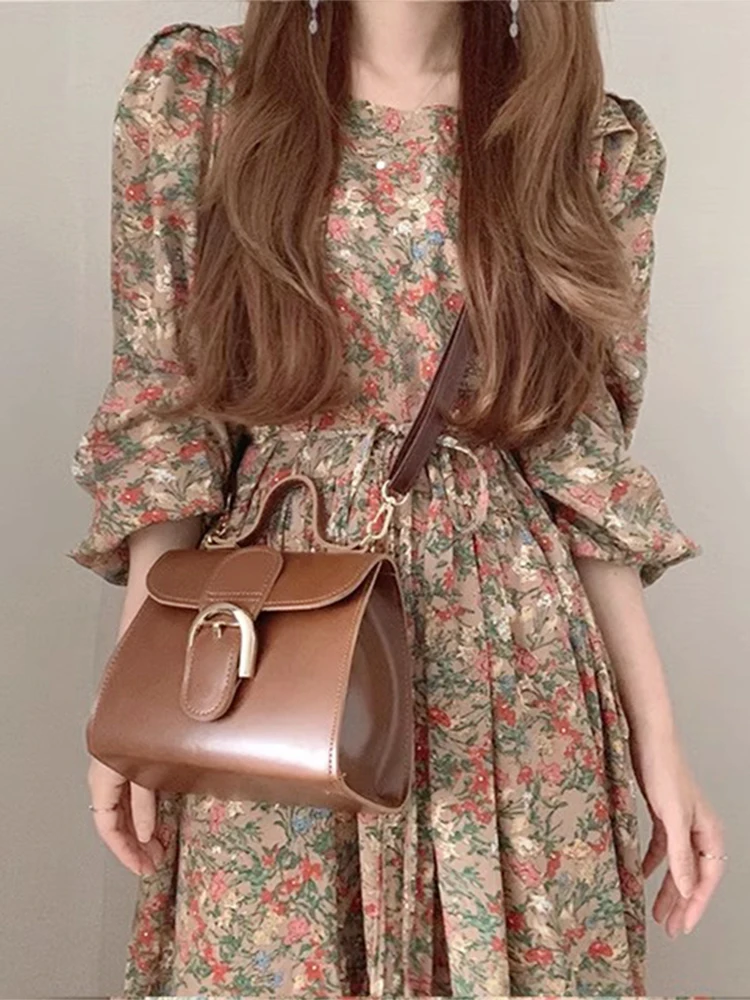 Chic Summer New Gentle Personali round Ne Bubble Sve Belted Waist Slim Long Floral Print Dr Korean Sle A-Line Skirt