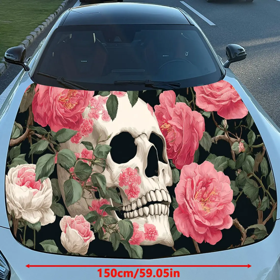 Skull Pink Flower Car Hood Sticker PVC Self Waterproof Stick Striking Auto Exterior Accessories Decor Protect Gift for Car Lover