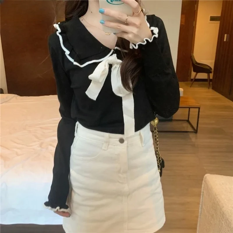 

Knit Sweater Korean Clothes Peter Pan Collar Bandage Sweaters For Women Ruffles Long Sleeve Pullover Y2K Jumper Female Z717