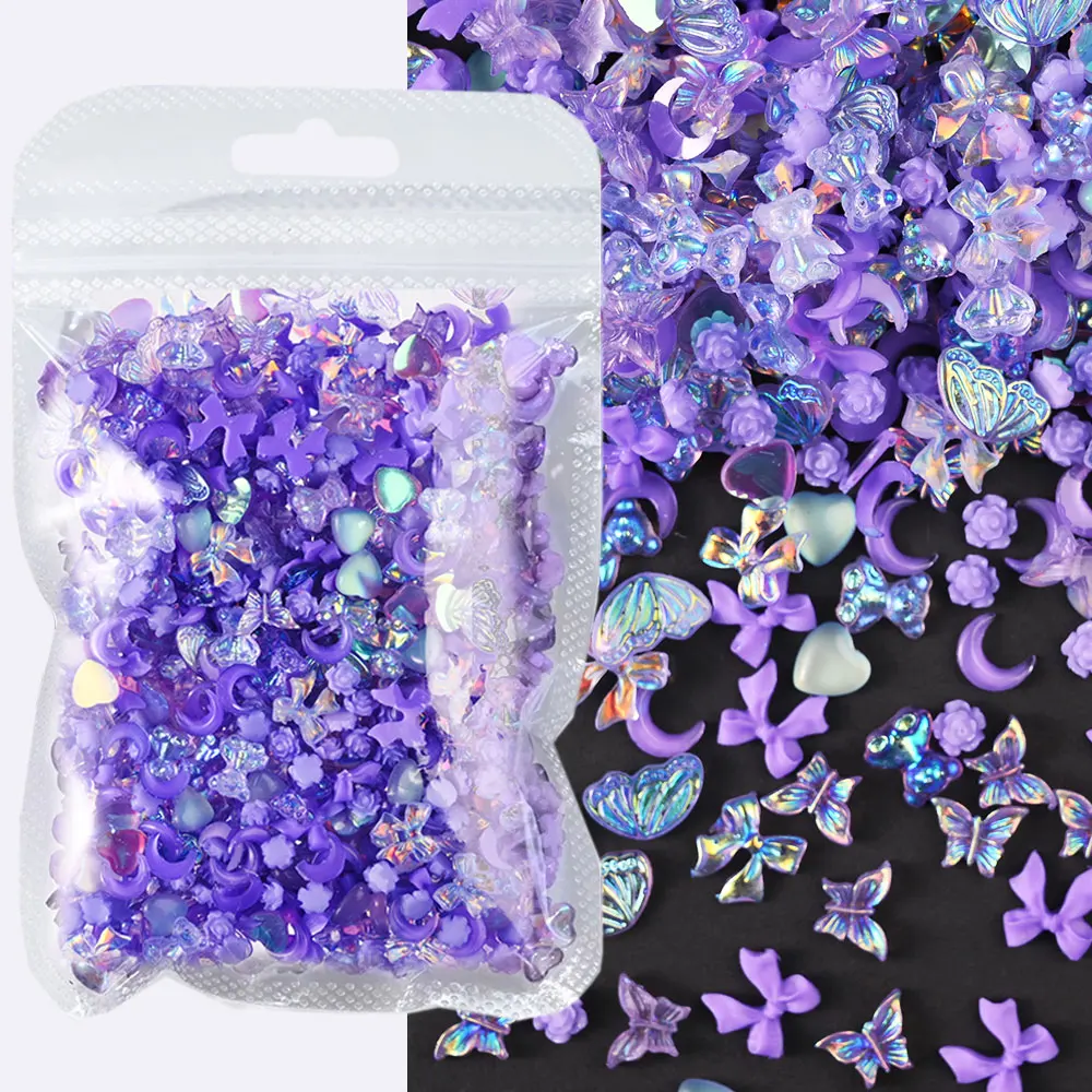 50g/bag Purple Bowknot/Butterfly/Moon/Bear Nail Rhinestones approx 500pcs Kawaii Ribbon Bowknot Nail Charms Resin Nail Art Suppl