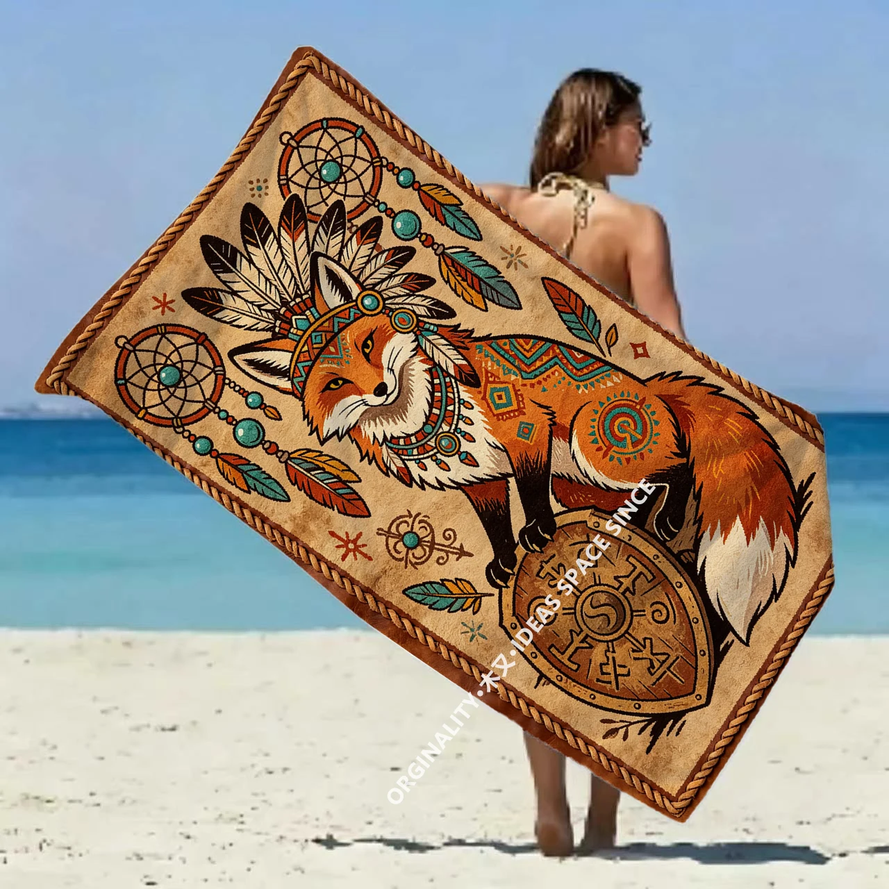 Bohemian Fox Dreamcatcher Beach Towel Patterned Sunscreen And Windproof Suitable For Swimming Pool Camping Travel