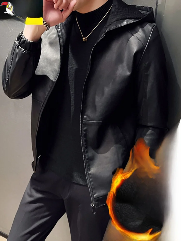 

Warmth Men's eepskin Leather Jaet Autumn Winter New Sle Zhumulangma Brand Zipper Closure Long Sve Thiened Coat