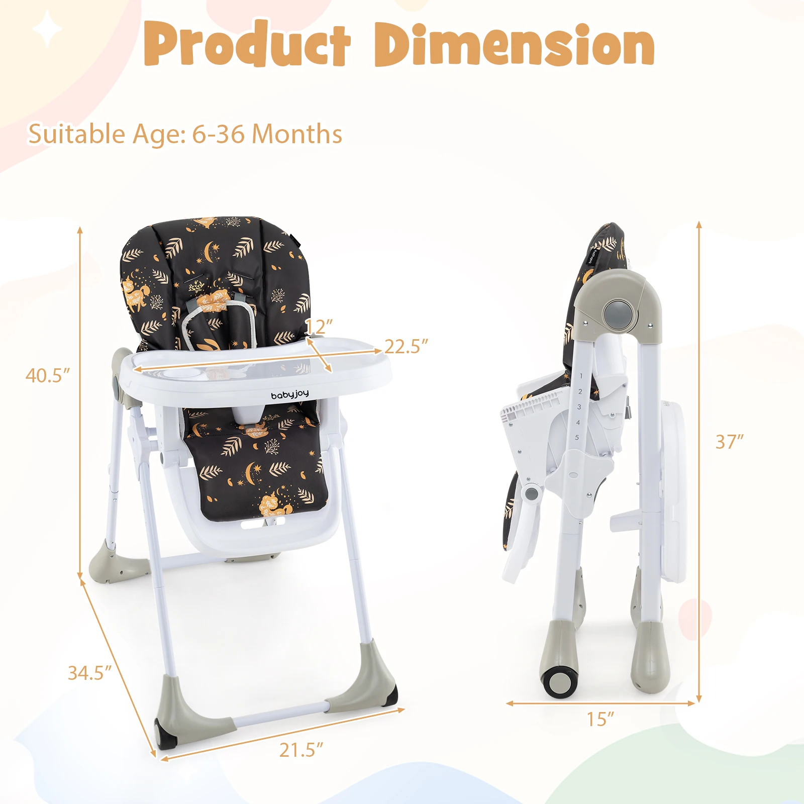 Baby High Chair with 7 Height & 3 Footrest Adjustable Cup holder 2 Wheels