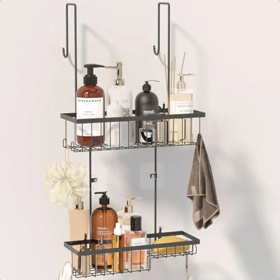 

Hanging Shower Caddy Over the Door with Soap Holder No Drilling Adhesive Bathroom Storage Organizer Rack with 10 Hooks Hanging
