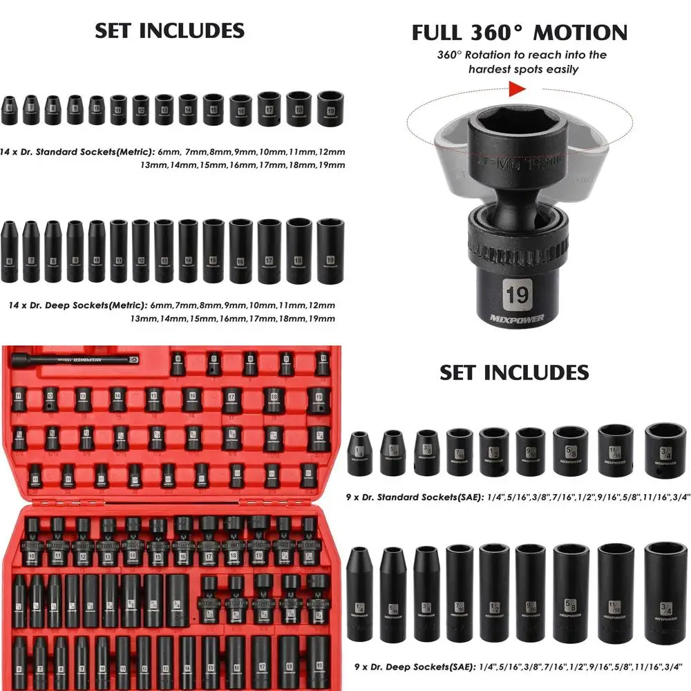 

Набор ударных головок Drive Master 3/8 дюйма, глубина 87 предметов, стандартная SAE и метрическая, CR-MO, от 1/4 до 3/4 дюйма и 6–19 мм, ударная установка