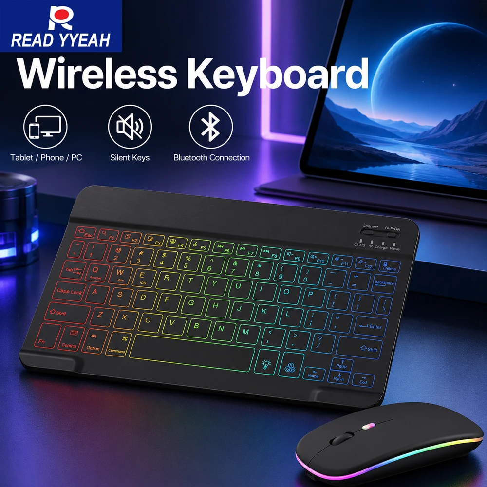 Juego de teclado y ratón inalámbricos con retroiluminación de 7 colores, teclado recargable portátil en varios idiomas para iPad, Android, Windows