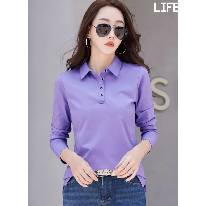 Korean Style Women's Polo Shirt 95% Cotton 5% Spandex Two Side Slits Spring  Autumn Long Sleeve Lapel Tops Women's Casual Shirt