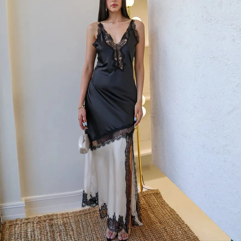 Spicy Girl Style Dress For Women 2026 Spring New Fashion Sexy Lace Contrast Color Patchwork Strap Long Dress Bandage