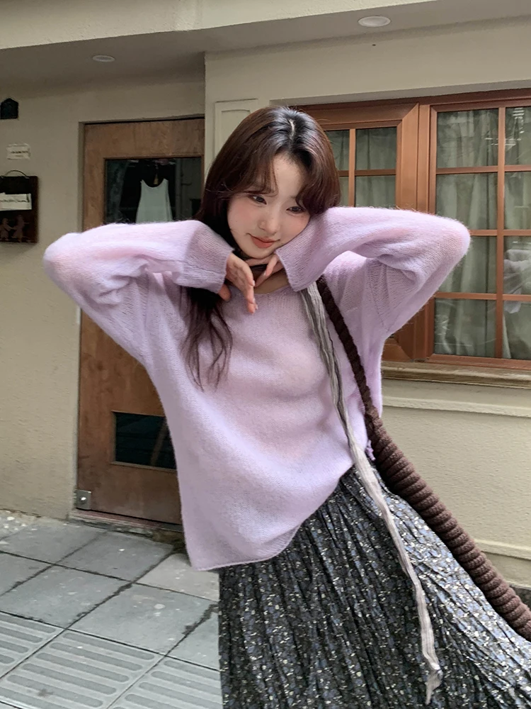 

Фиолетовый вязаный свитер Aosphere с длинными рукавами, женский, весенняя новинка, красивый повседневный топ свободного кроя с V-образным вырезом и пуговицами