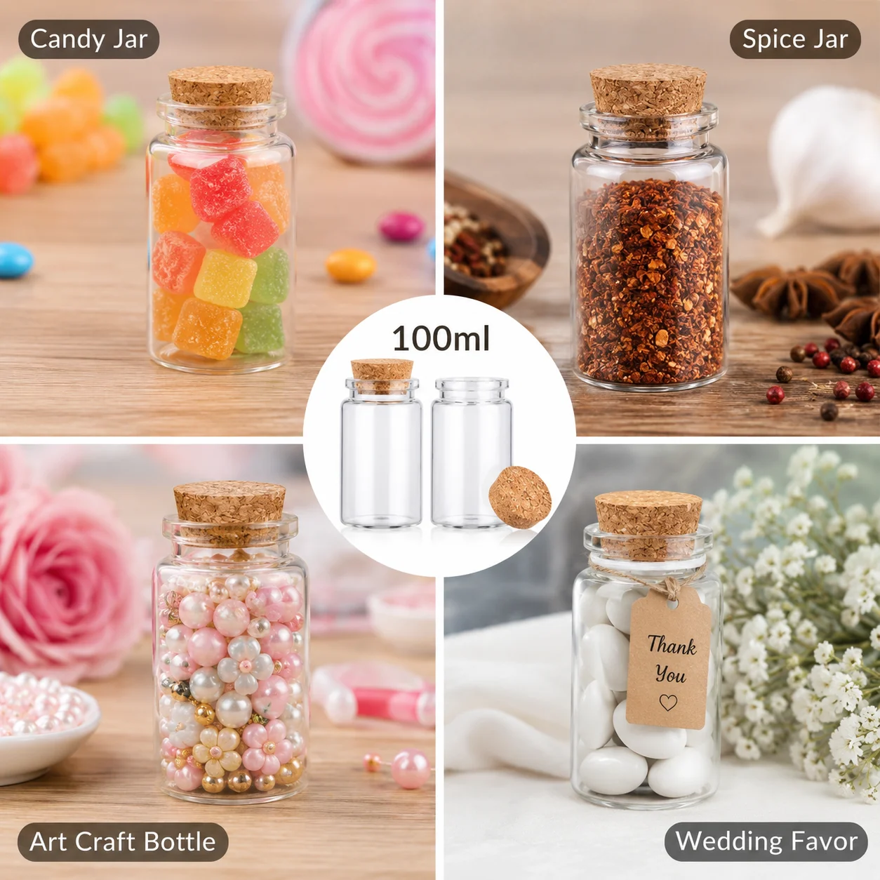 2PCS 100ml Glass Bottles with Cork Candy Spice Jars for Art Crafts Wedding Favors view 5