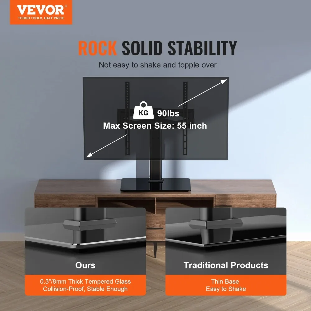 

Swivel Universal TV Stand Mount TV Stand for 32"-55" TVs Adjustable Height Table Top TV Stand Base Glass