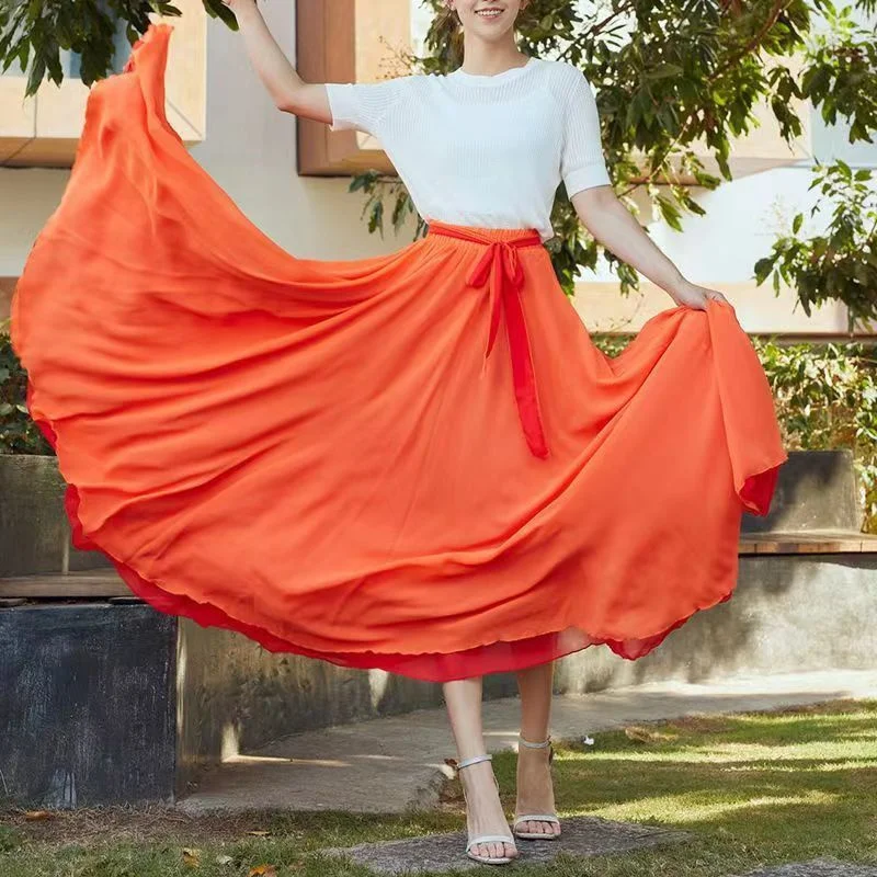 Both Sides Can Wear Dance Skirt Women Double Chiffon Skirts Elastic Waist Lace-up Maxi Skirts Elegant Female Big-hem Skirts 2026