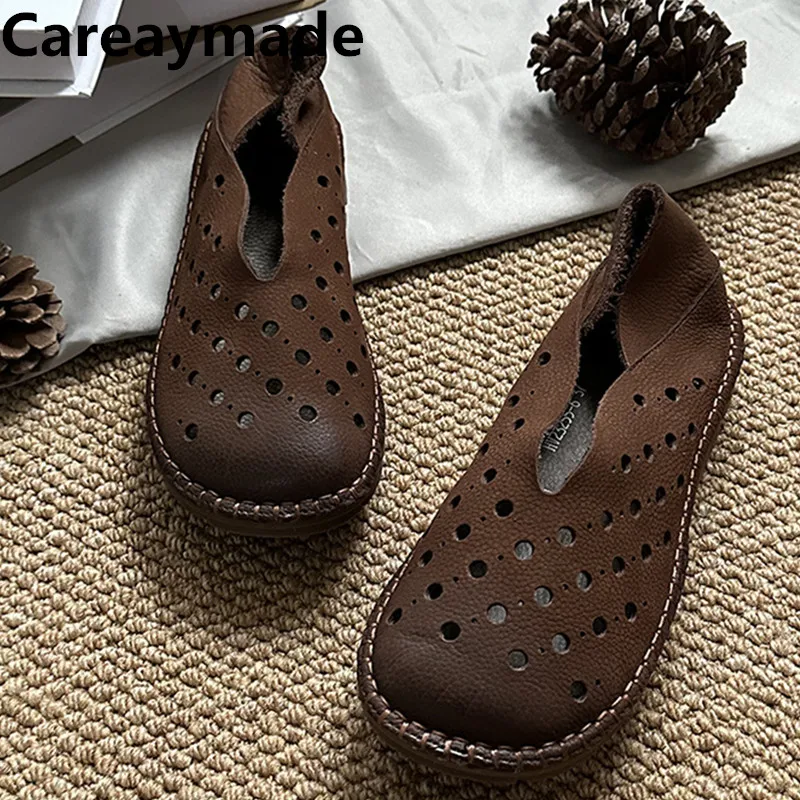 Careaymade-Genuine leather Pure handmade Hollow Shallow Mouth Single Shoes,Casual  Breathable Retro Round Head Flat Bottom shoes