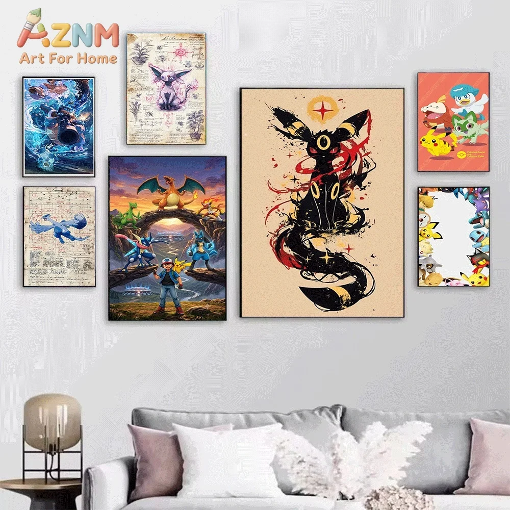 Anime Pokemon Pop‑art Style Canvas Wall Art, Colorful Pocket Monster Cartoon Frameless Canvas Painting for Kids Bedroom Living