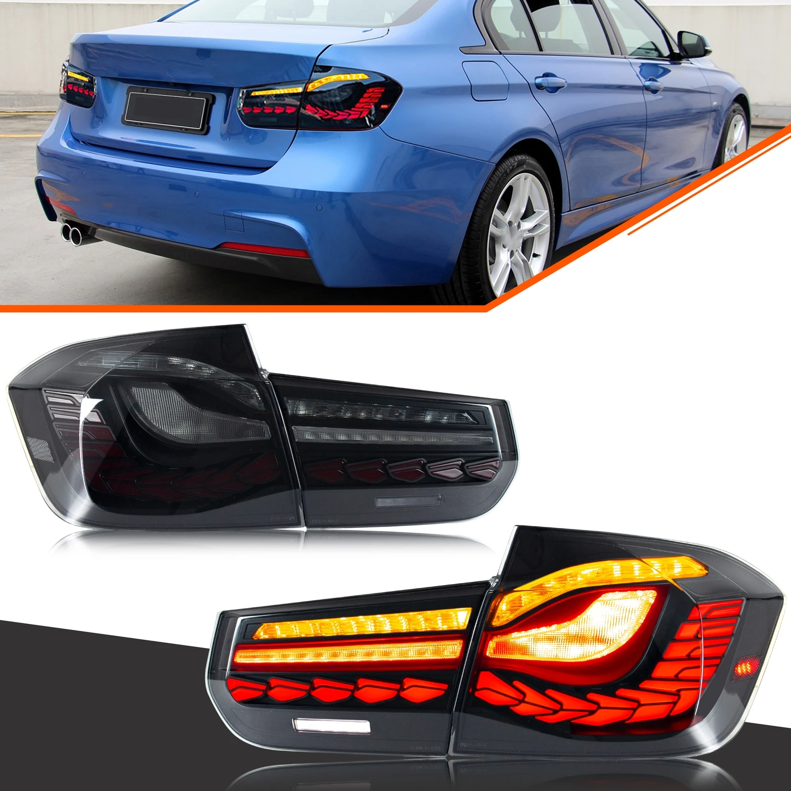 

Светодиодные задние фонари GTS для BMW 3-Series F30 F80 M3 2013-2018 седан, динамическая анимация, последовательный сигнал, черные задние фонари в сборе
