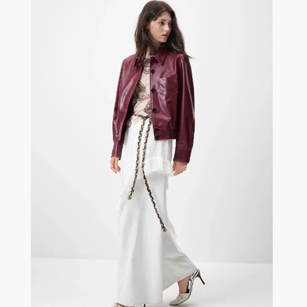 xinglilai Giacca in pelle femminile con risvolto piccolo in pelle di pecora per donna stile corto nuovo cappotto in vera pelle inverno autunno vino rosso cappotto