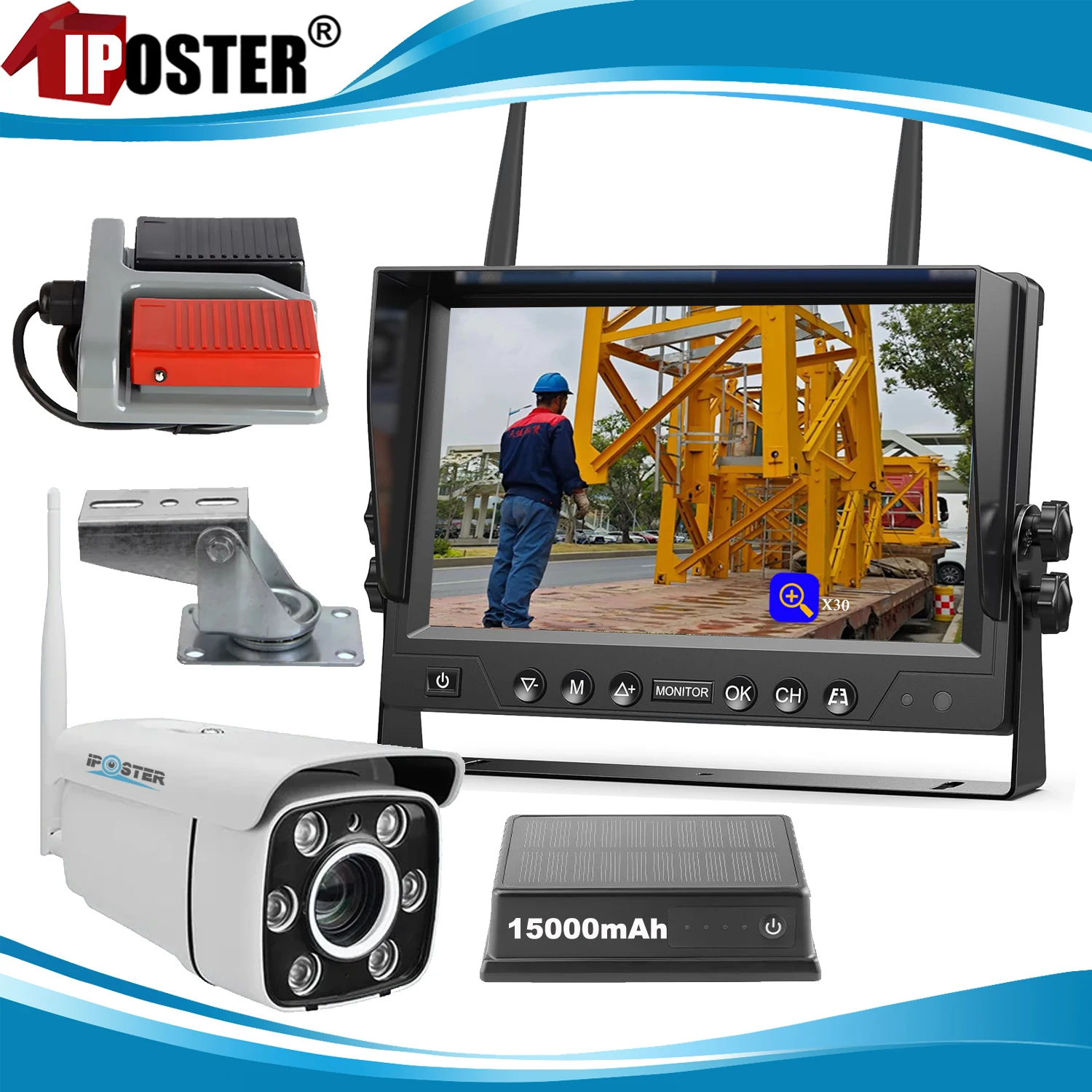 

iPoster Crane Wireless Camera 30x Zoom Car Reversing Rear 9 Inch IPS Screen DVR Quad Monitor Monitoring Kit For Tower Crane