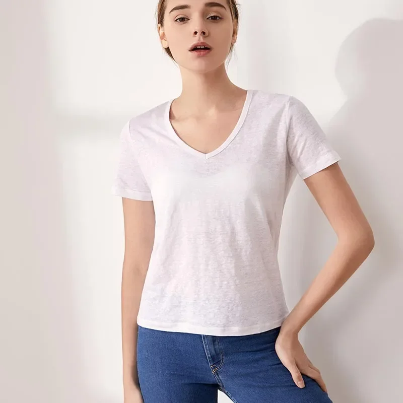 Yuyue Summer New Silk Women's T-shirt Japanese Style Simple V-neck Silk LINEN Short Sleeve Top 19% mulberry silk +81% linen