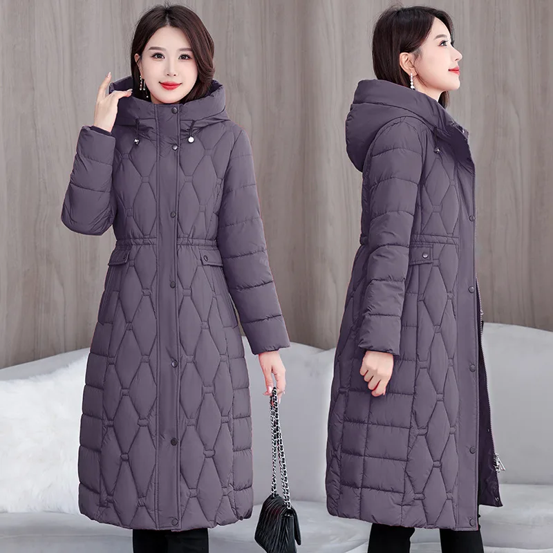 Hooded Oversize Parkas Coats Women Mid Length Jackets Diamond Quilt Zipper Pocket Waist Cinched Office Lady Casual 2025 Winter