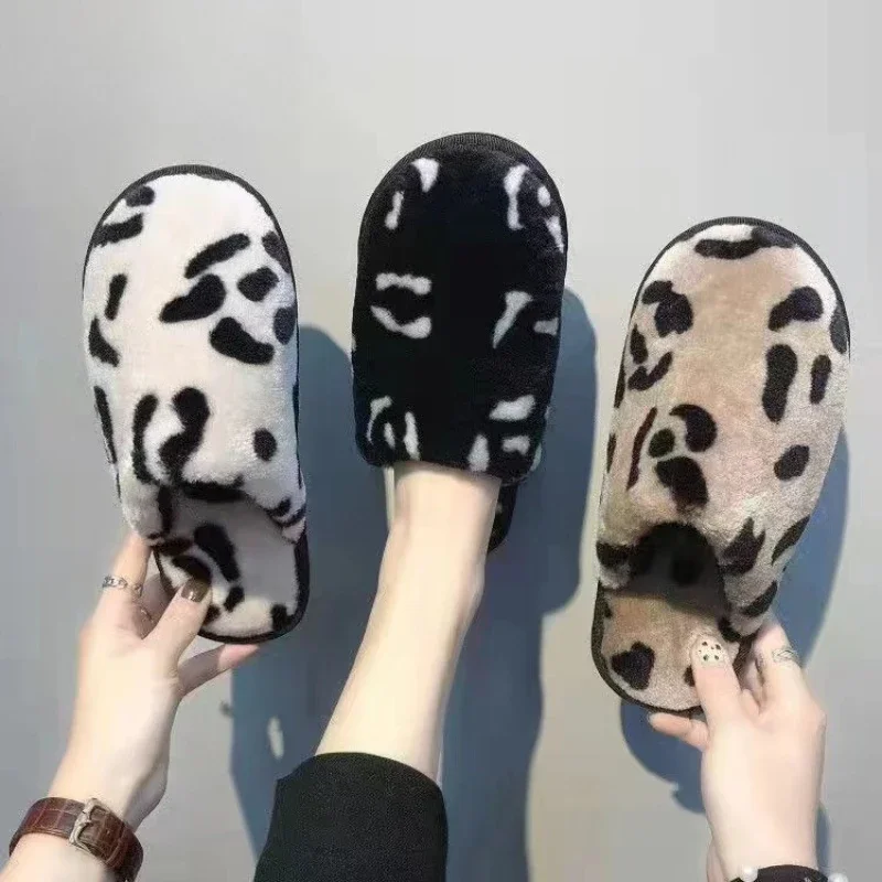 New Winter Women Home Cotton Slippers, Leopard Print Korean Style Plush Warm Fuzzy Indoor Couple Slippers