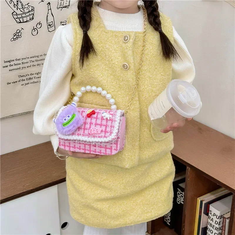 Lovely Plush Children's Small Shoulder Bags Fashion Pearl Princess Clutch Handbags Cartoon Flower Baby Girls Bow Crossbody Bag